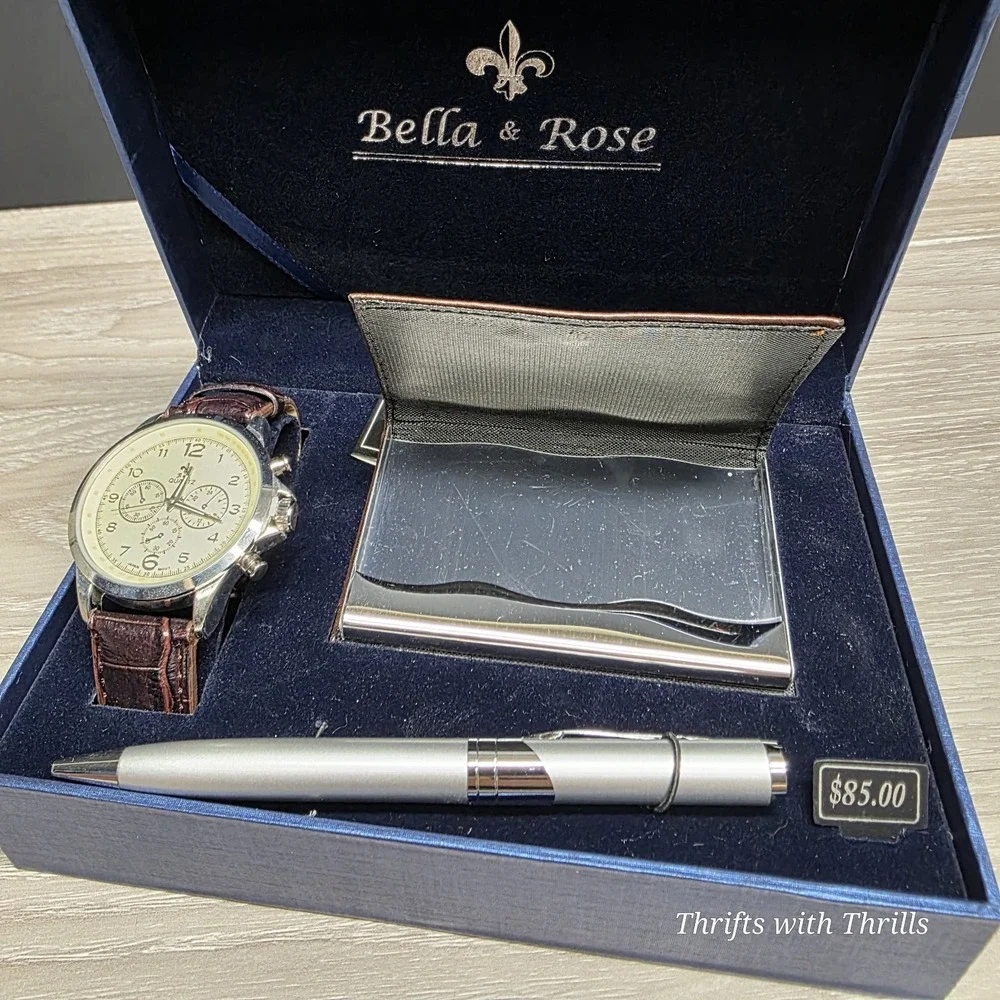 Bella & Rose Gift Set - Men's Watch, Pen, Business Card Holder Gift‎ Set - New